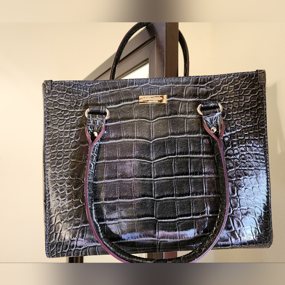 KATE SPADE Knightsbridge Quinn Grey Croc Embossed Patent Leather Satchel Handbag
